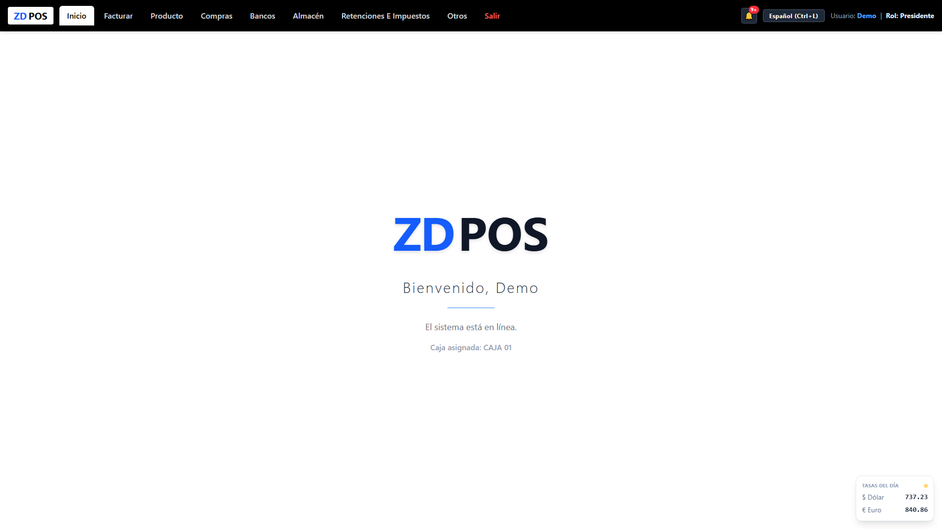 Pantalla de inicio de ZD POS
